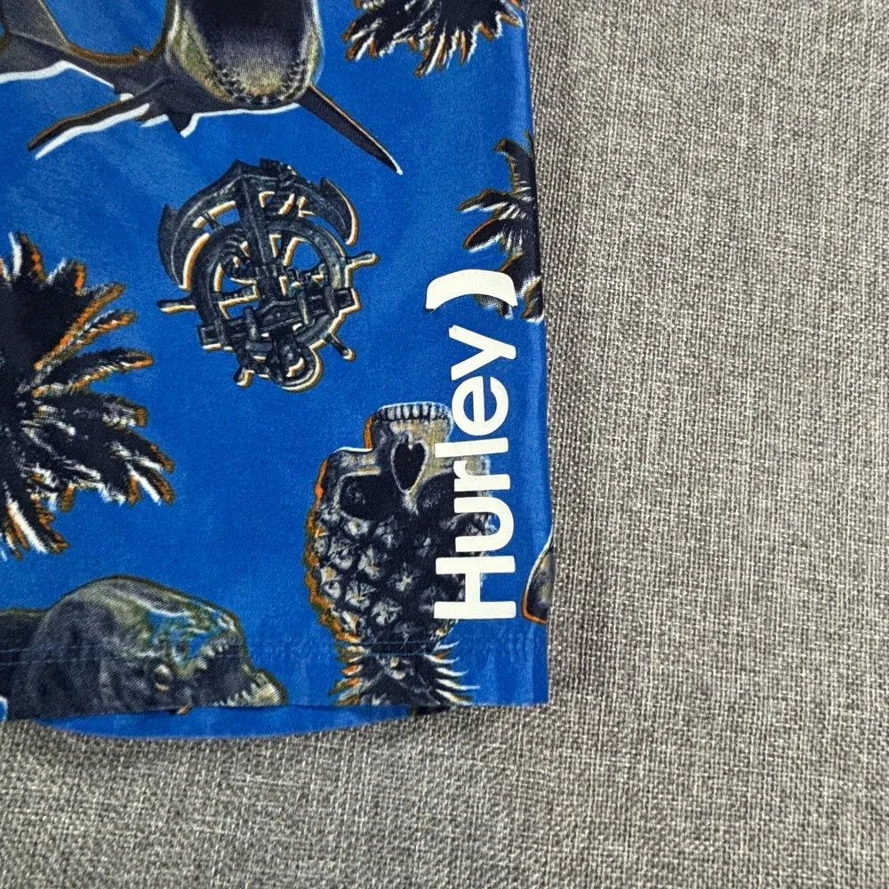Hurley Boys Shark Skull Print Swim Trunks Size 7/8 Blue Quick Dry Board Shorts
